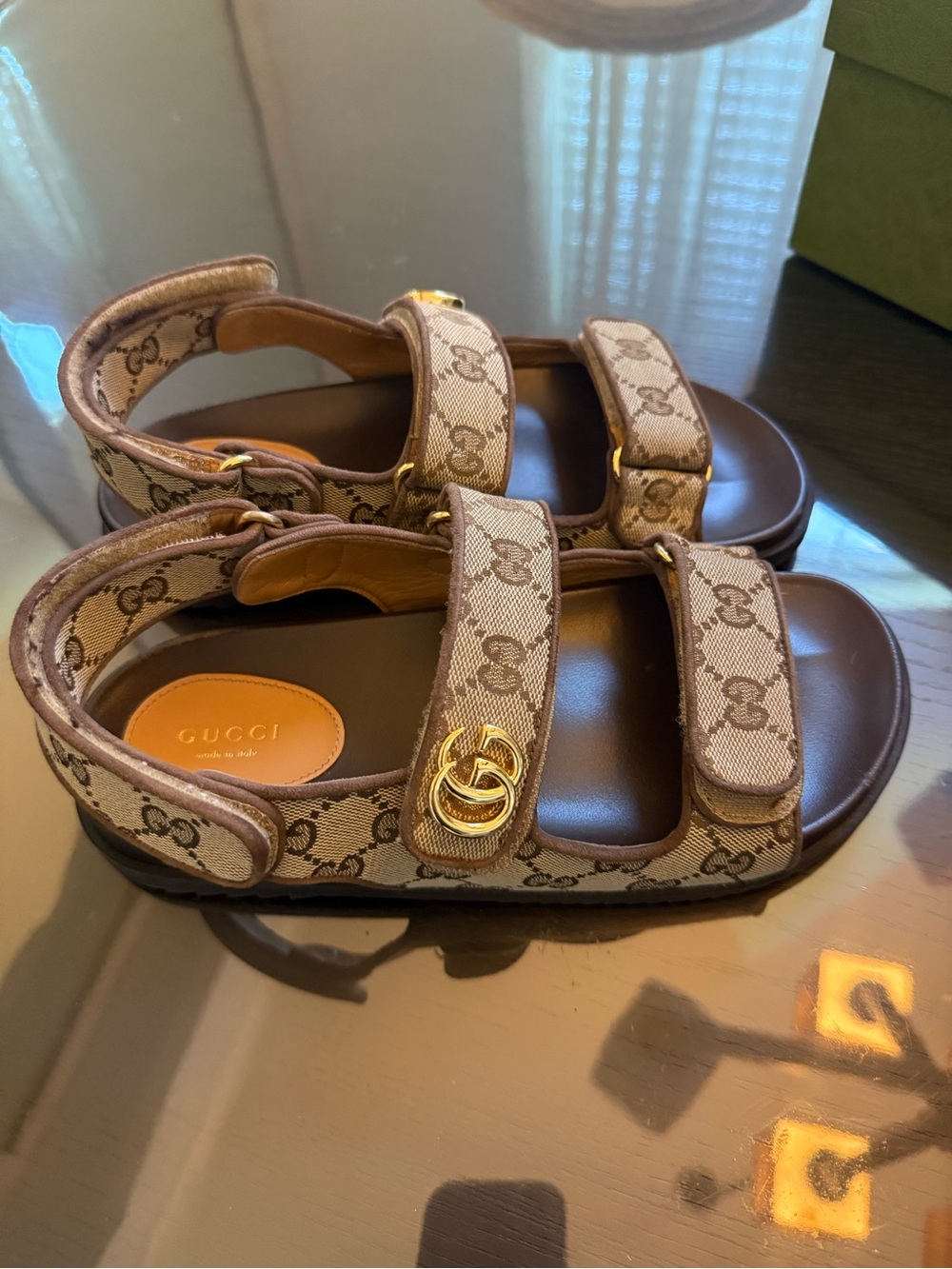 Gucci Brown Beige GG Canvas Sandals with Gold Double-G Accent - Picture 8 of 9